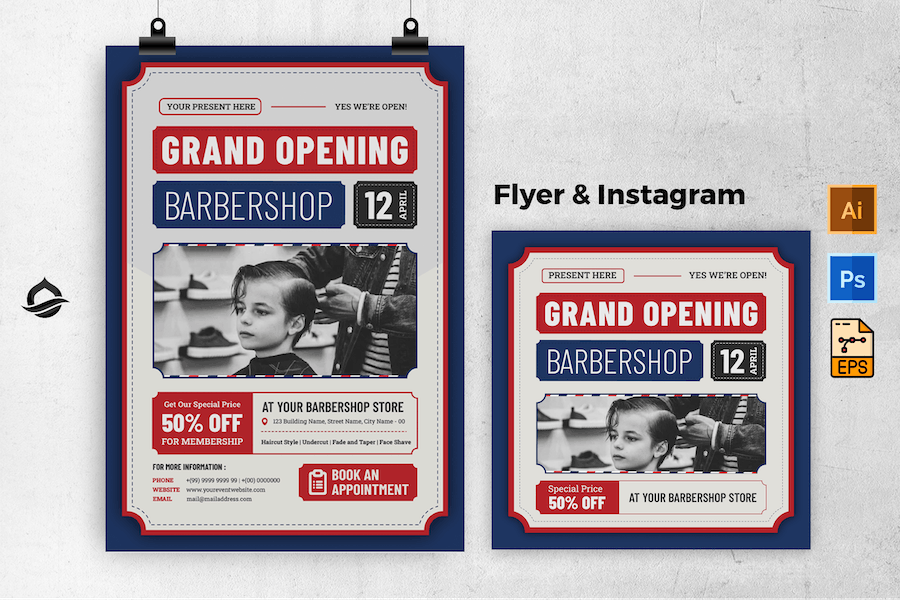 Modern Grand Opening Barber Flyer & Instagram Post
