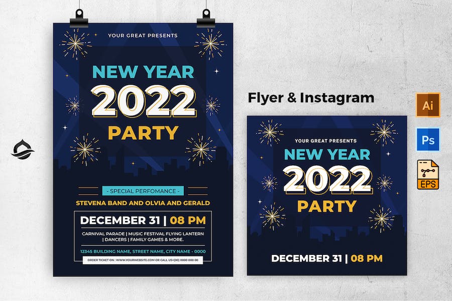 Glow Night New Year Template Flyer & Instagram