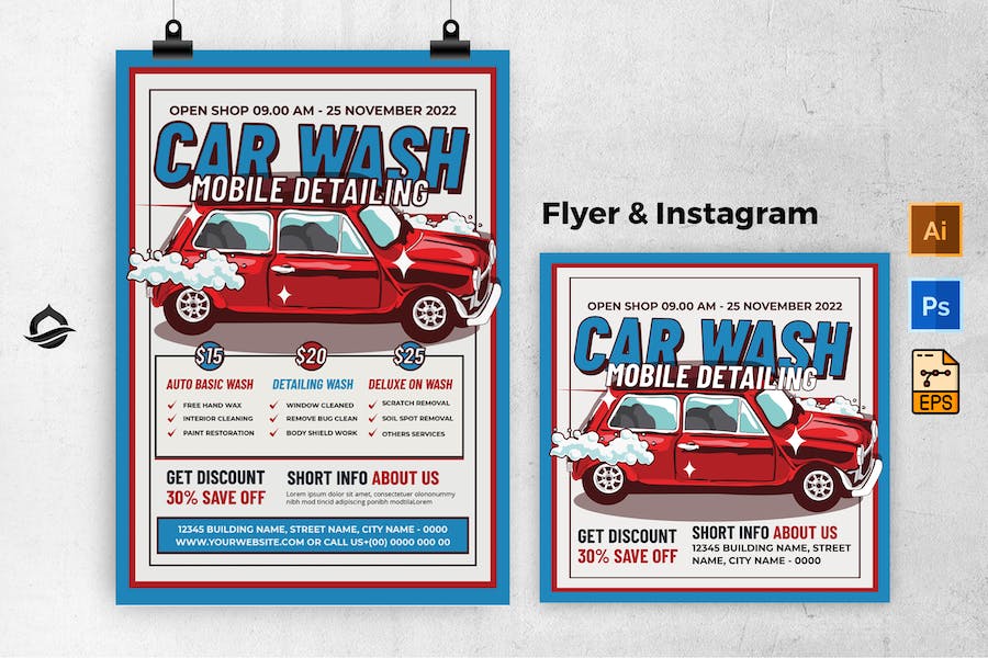 Vintage Car Washing Flyer & Instagram Post