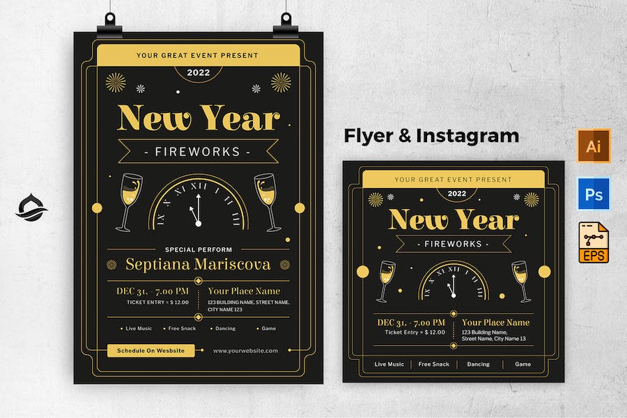 New Year Party Template Flyer & Instagram Post