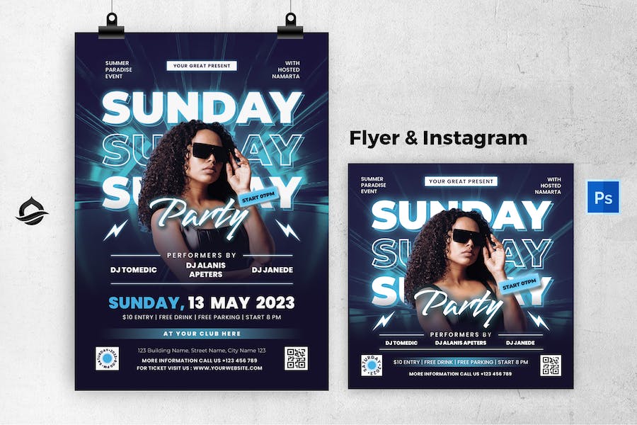 Glow Blue Sunday Party Flyer & Instagram Post