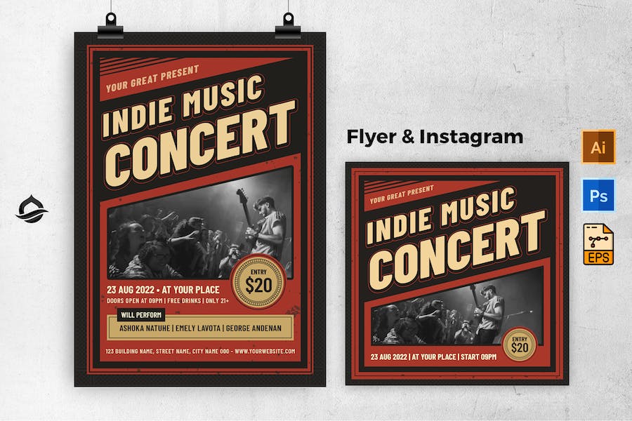 Vintage Indie Music Concert Flyer & Instagram Post