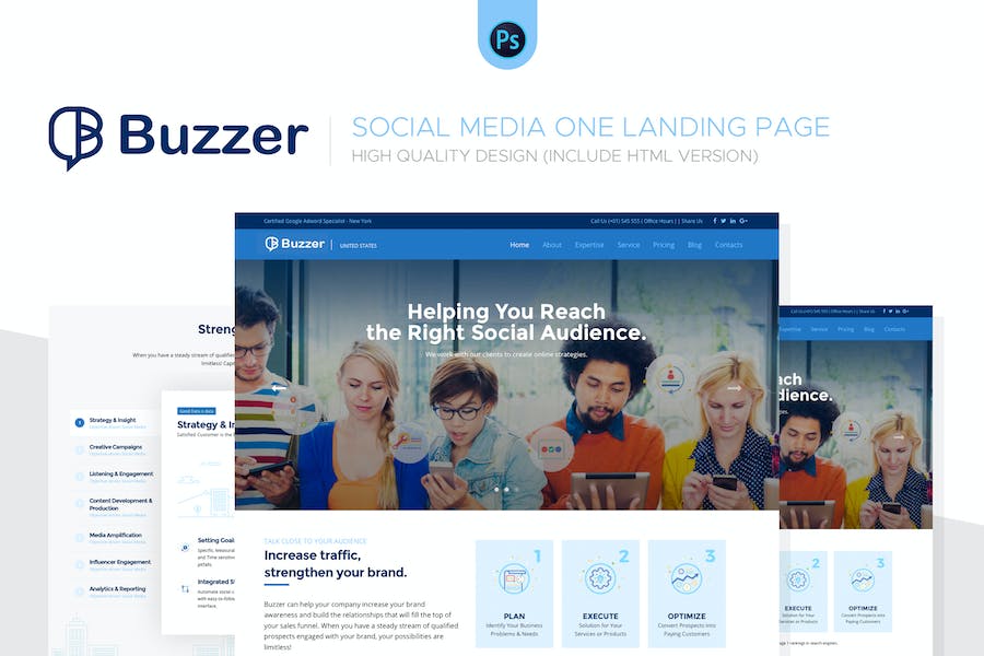 Buzzer – Social Media Landing Page PSD + HTML