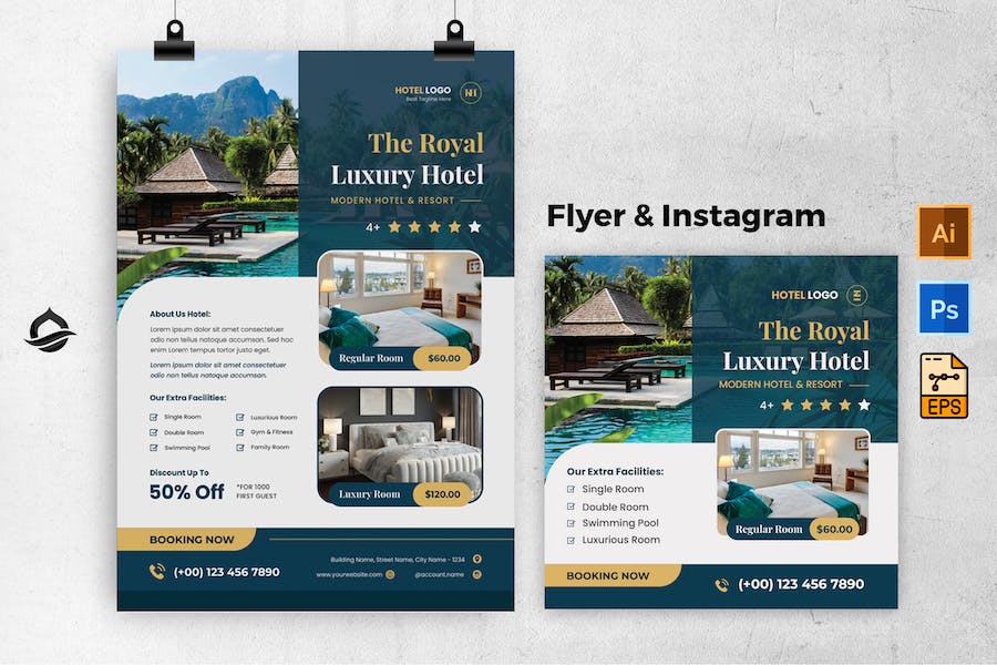 Luxury Hotel Blue Flyer & Instagram Post