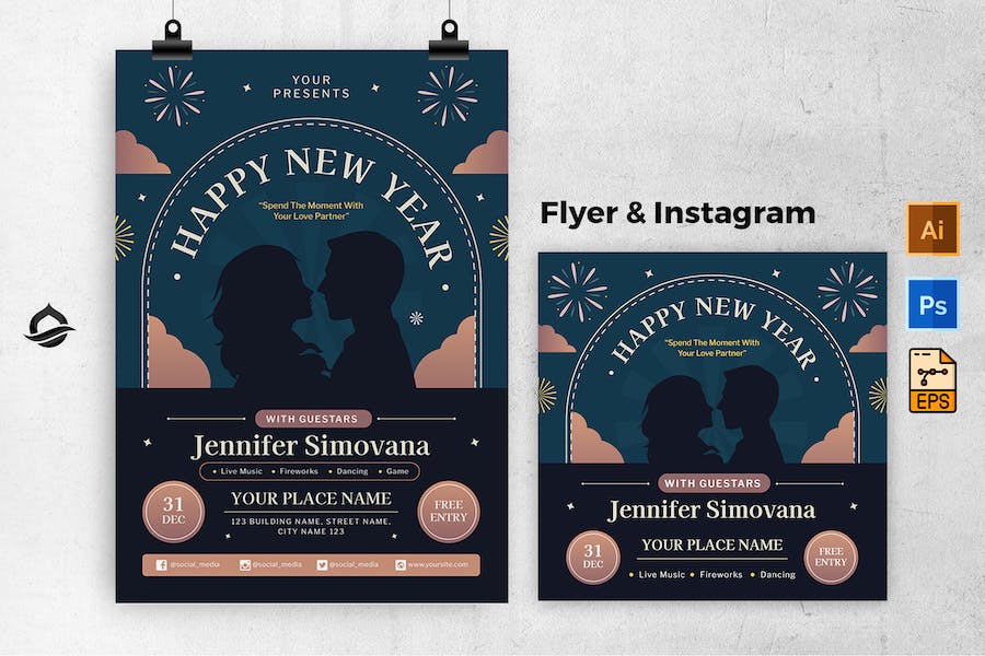 Romantic New Year Template Flyer & Instagram Post