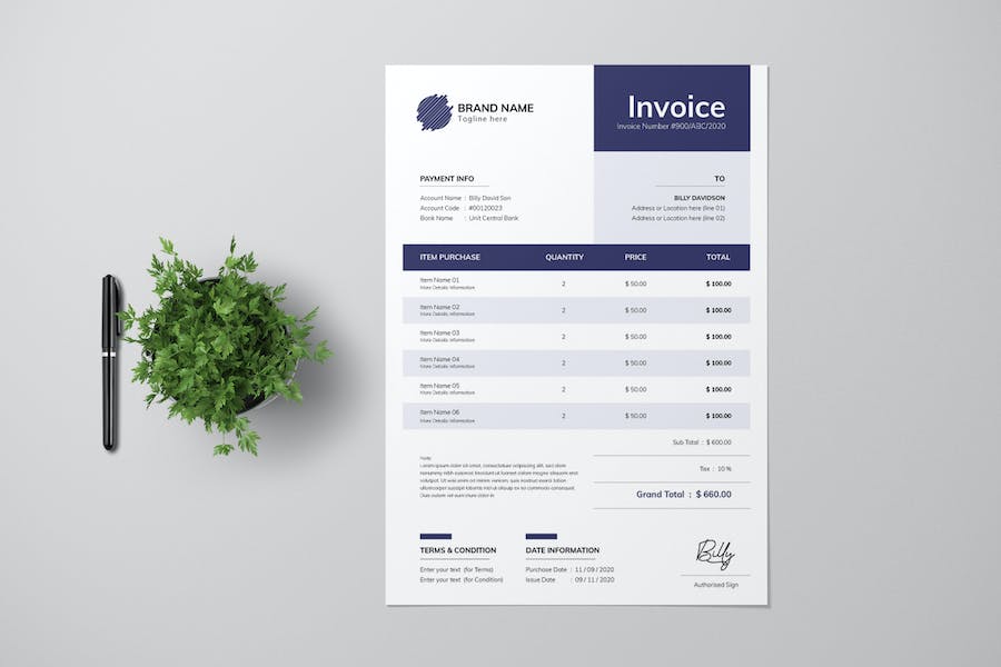 Clean Invoice With Navy Blue Accent