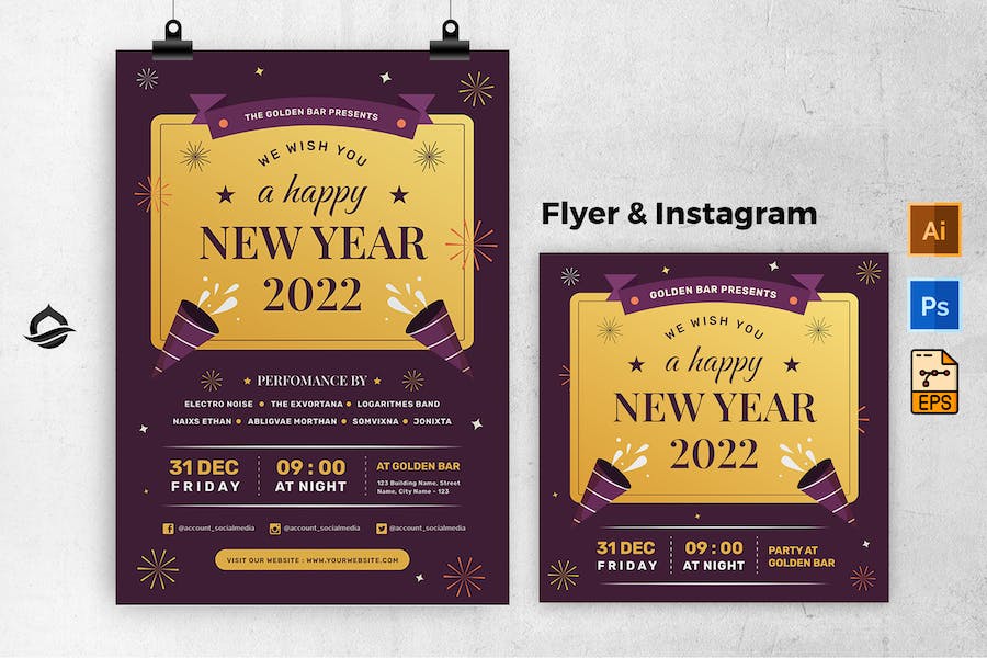 Gold New Year Party Template Flyer & Instagram