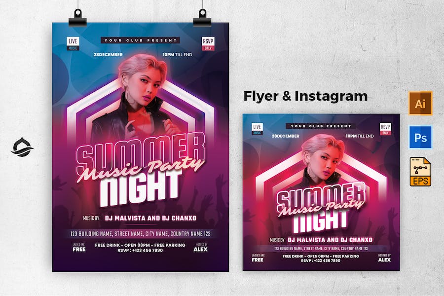 Summer Night Music Party Flyer & Instagram Post